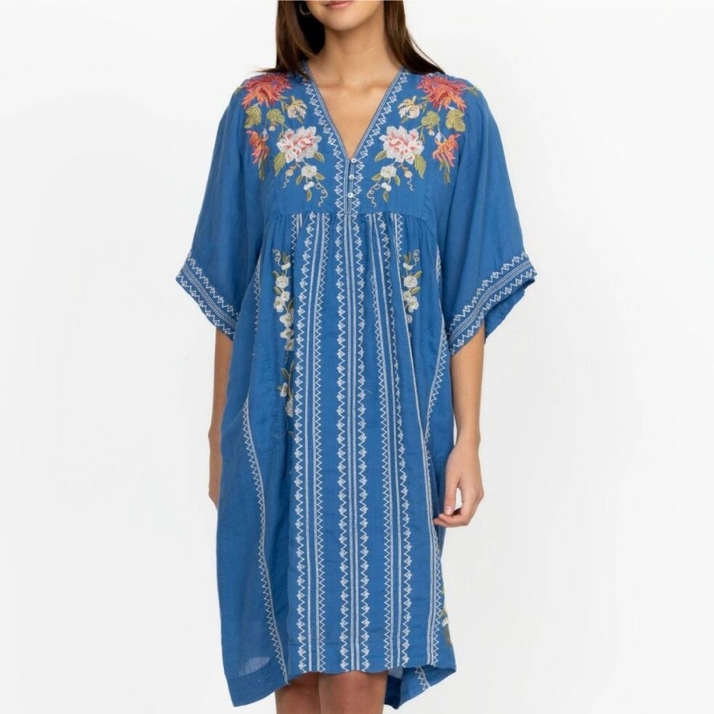 Johnny Was Nalina Kimono Blue Dress Floral Embroidered Extra Small XS